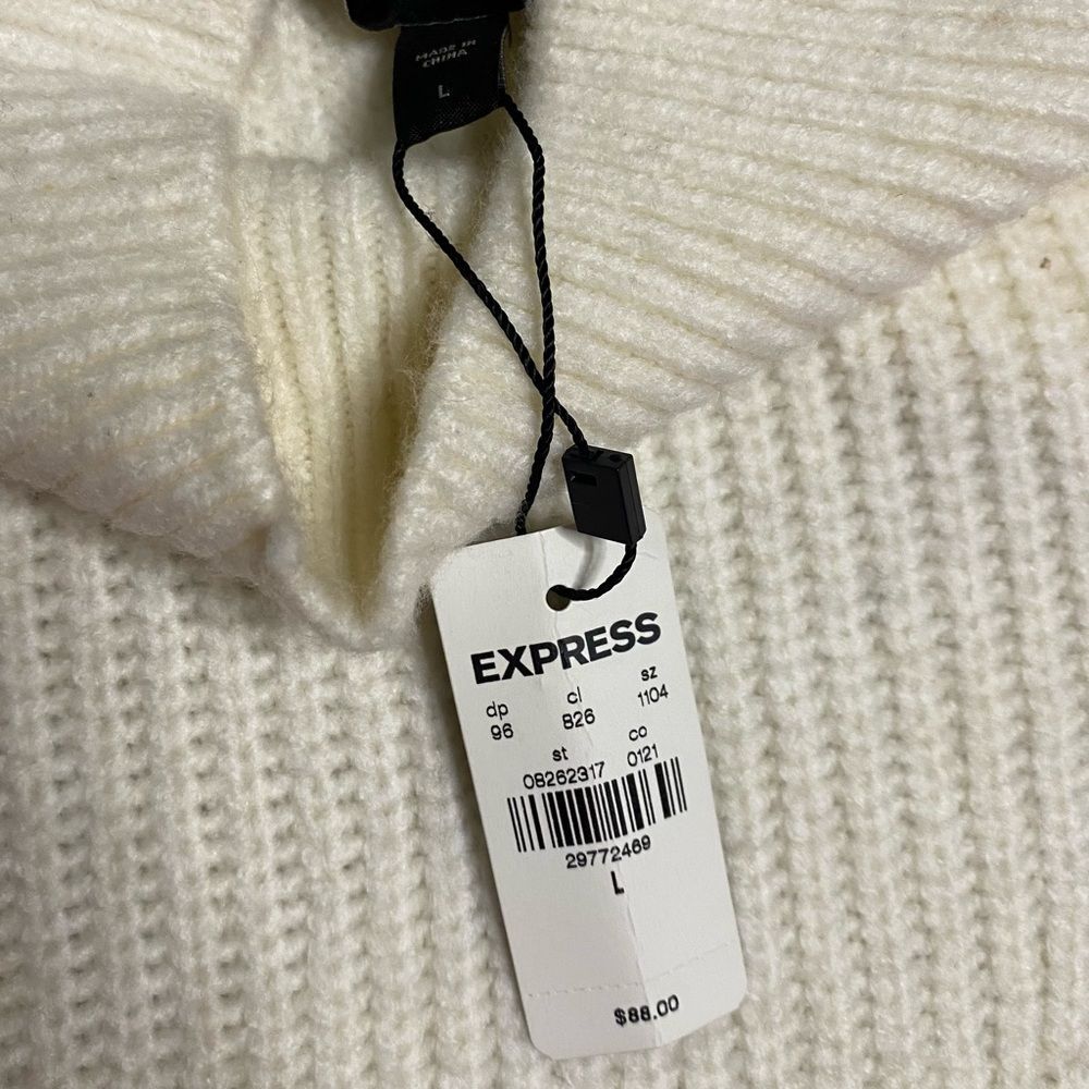 EXPRESS Ivory Mock Neck Back Cutout Puff Sleeve Cropped Sweater - Picture 7 of 8